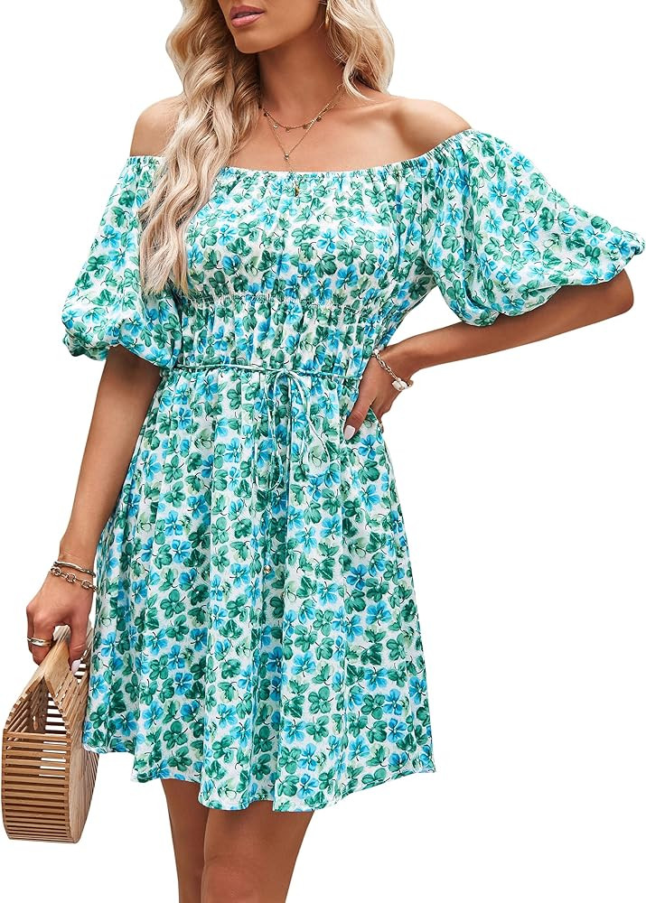 PRETTYGARDEN Women's Off The Shoulder Babydoll Dress Short Puff Sleeve Casual A Line Ruffle Summe... | Amazon (US)