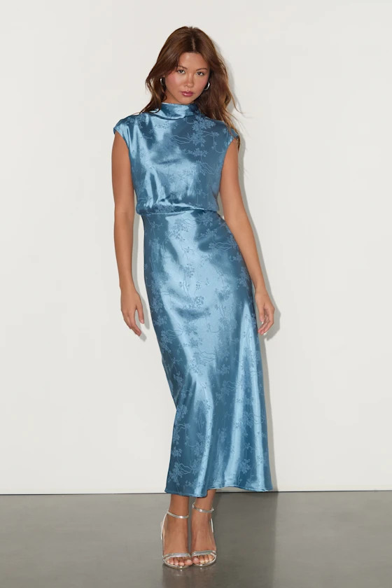 Gia Slate Blue Satin Jacquard Cutout Midi Dress | Lulus