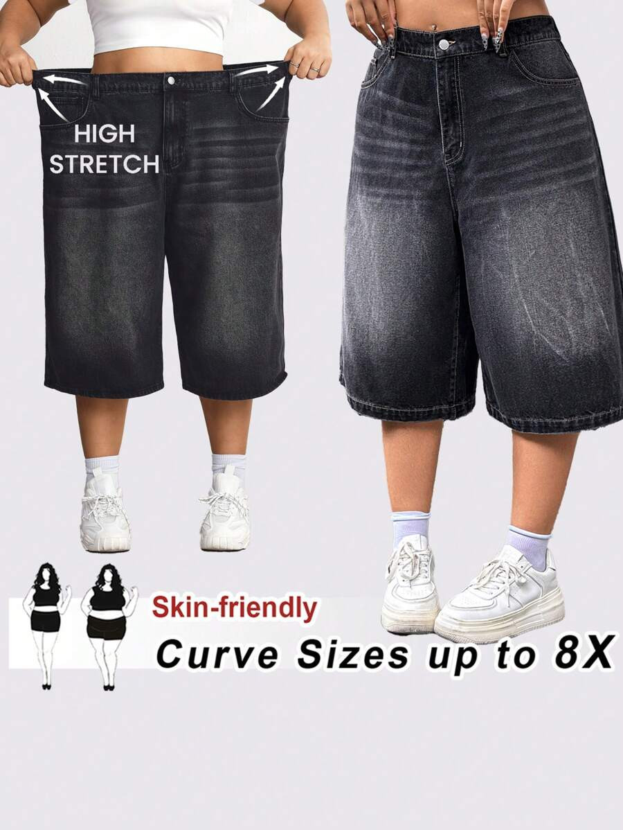 SHEIN CURVE+ Plus Size Extra Large Black Casual Loose Wide Leg 7/8 Length Jeans | SHEIN