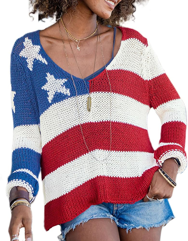 Women American Flag Sweater Loose Vintage USA Sweatshirt Long Sleeve Crewneck Hollow Out 4th of J... | Amazon (US)