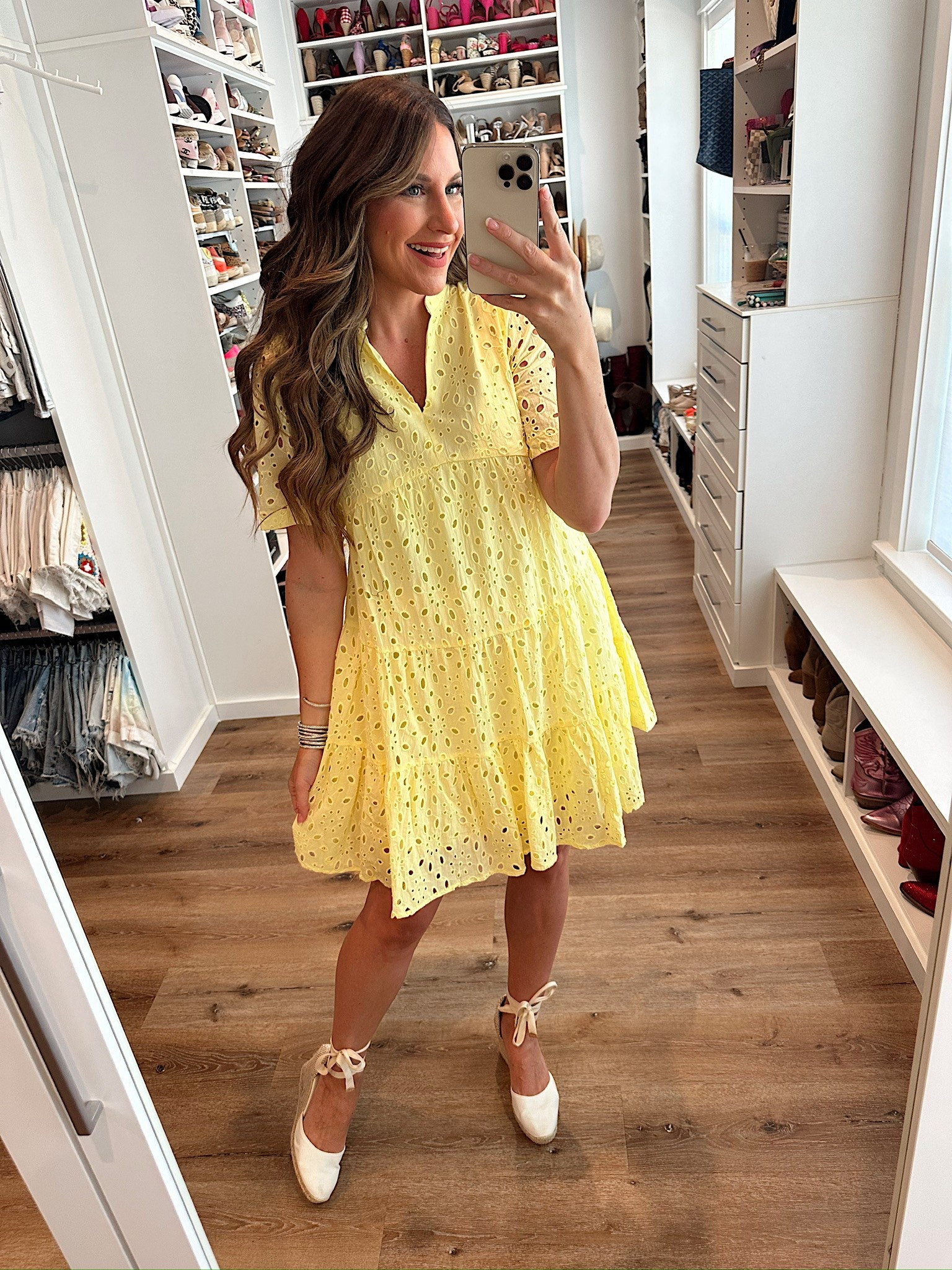 In a small eyelet lace dress, tie up espadrille wedges and accessories- fits tts.

#LTKStyleTip #LTKSeasonal #LTKFindsUnder50