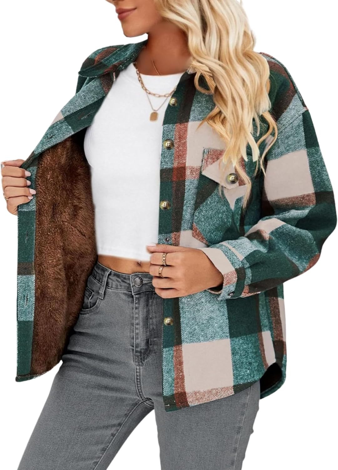 FindThy Women's Warm Sherpa Lined Fleece Plaid Flannel Shirt Jacket Button Down Fuzzy Shacket | Amazon (US)