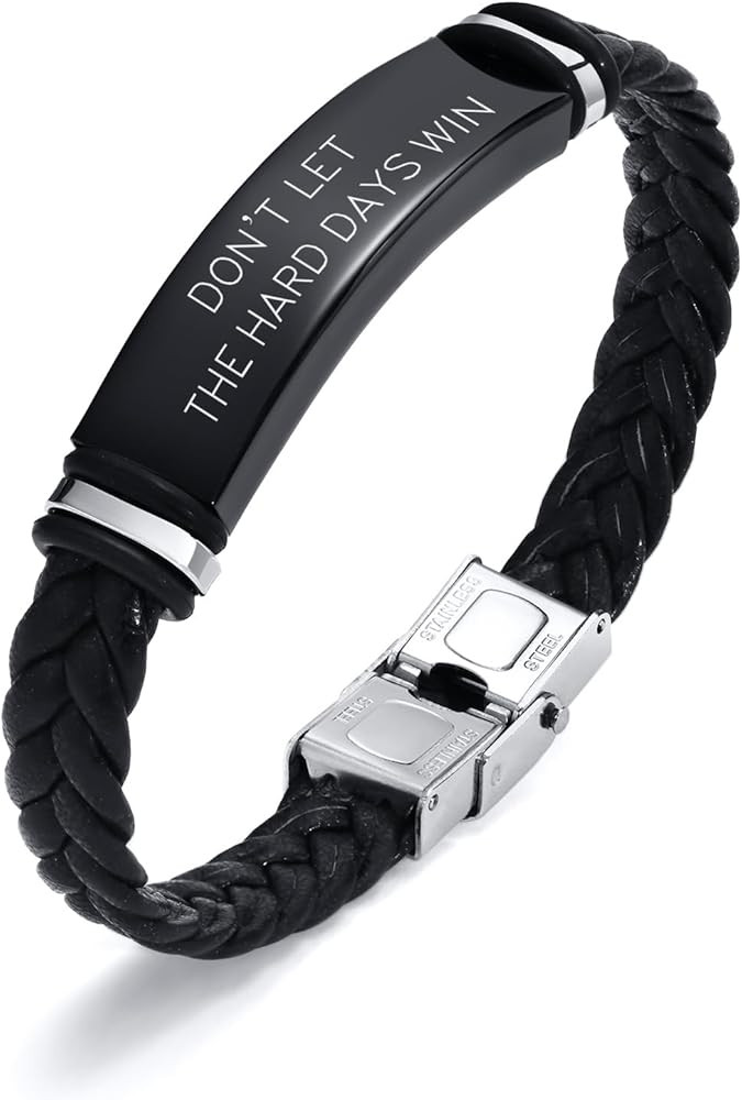 Leather Bracelet Sobriety Gifts for Men : Inspirational Quote/Bible Verse Engraved Braided Black ... | Amazon (US)