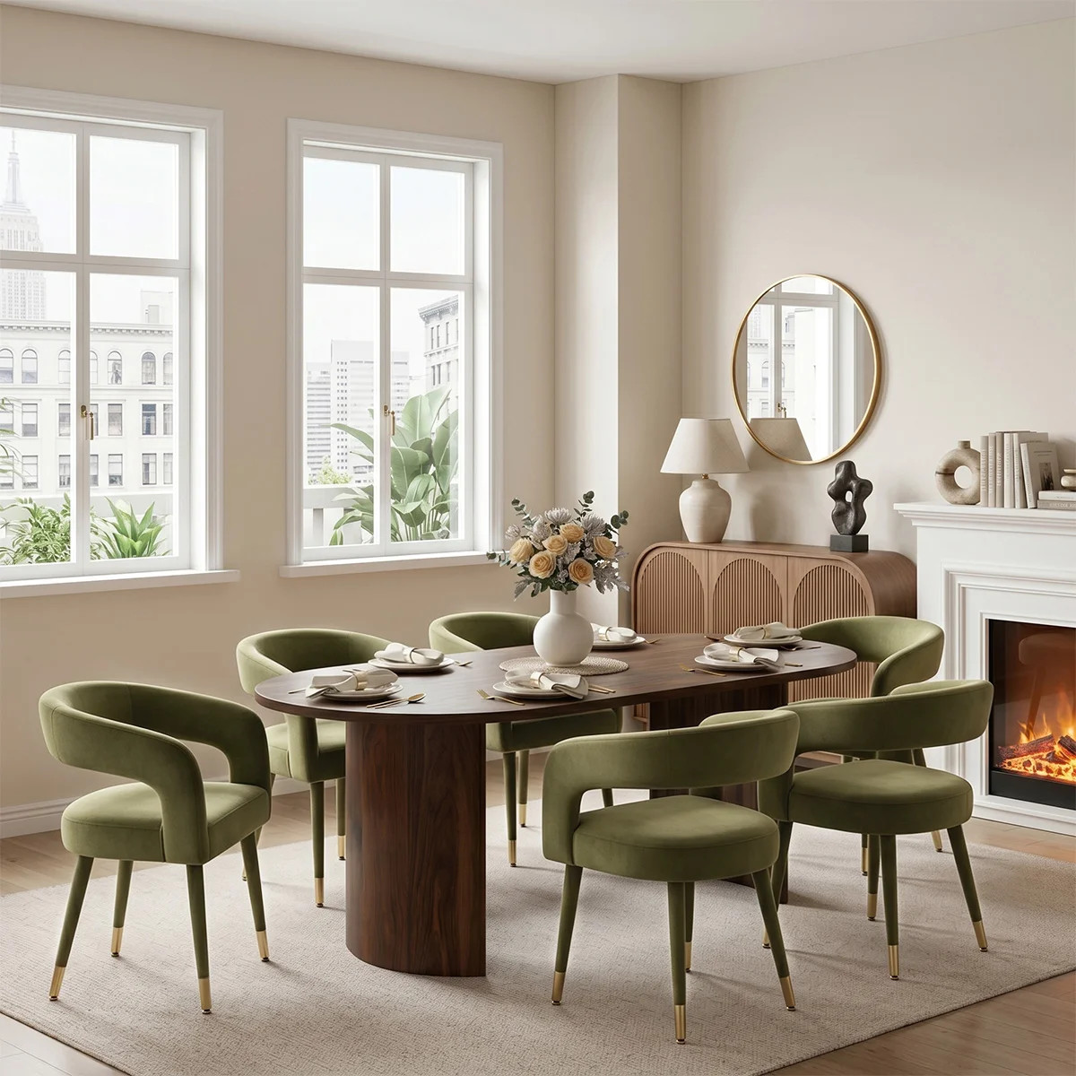 Modern 79" Oval Dining Set With 6 Velvet Upholstered Arm Chairs | Wayfair North America
