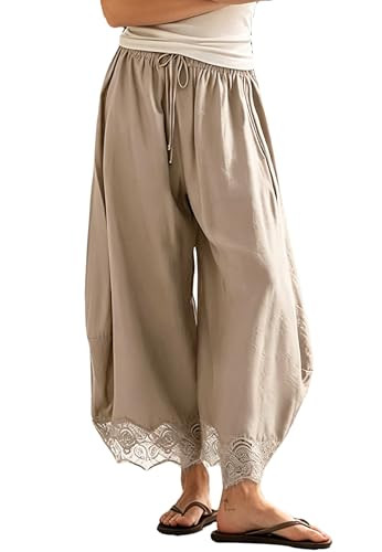 Lace Hem Wide Leg Pants for Women Summer Casual Lightweight Flowy Palazzo Pant Beach Vacation Out... | Amazon (US)