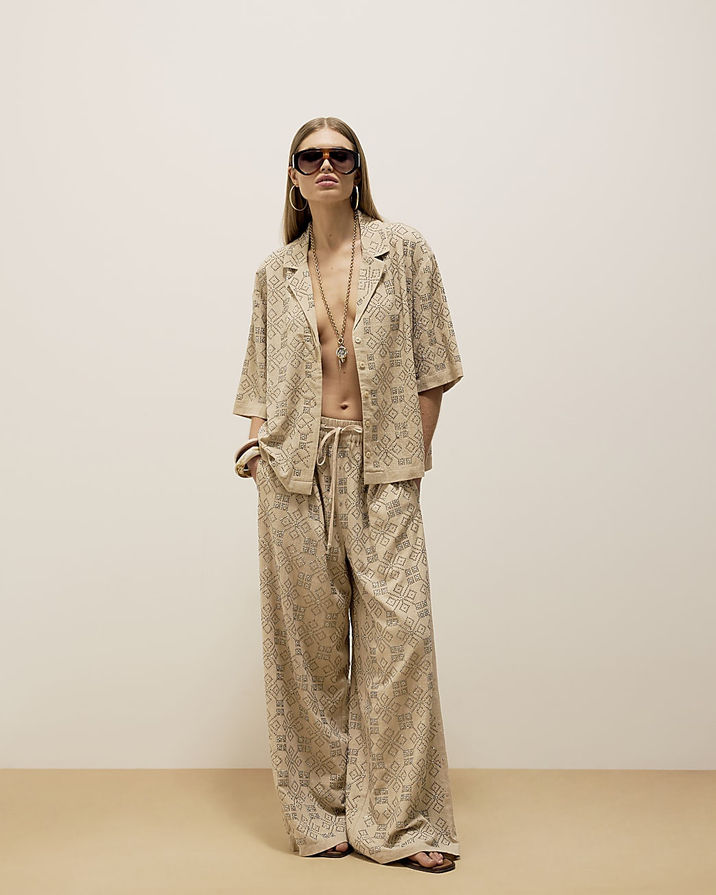 Beige Stud Embellished Wide Leg Trousers | River Island UK & IE