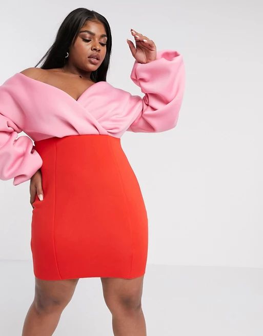 ASOS DESIGN Curve fallen shoulder pleated puff sleeve pencil contrast mini dress in red & pink | ASOS (Global)
