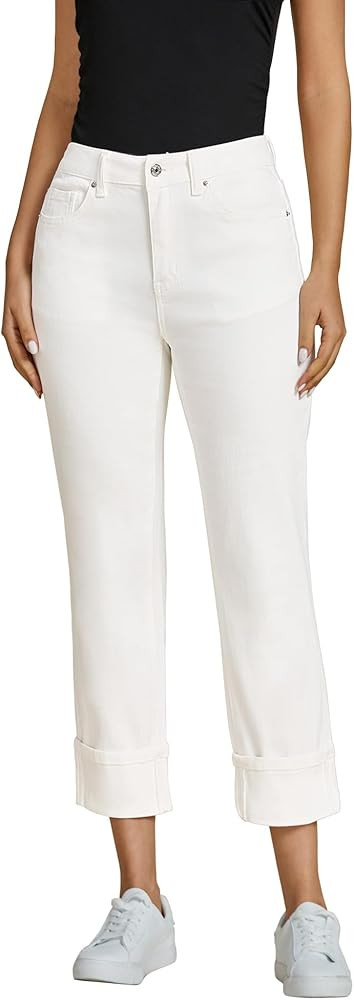 luvamia Straight Leg Jeans for Women Trendy Cropped High Waisted Cuffed Hem Stretchy Boyfriend Ca... | Amazon (US)