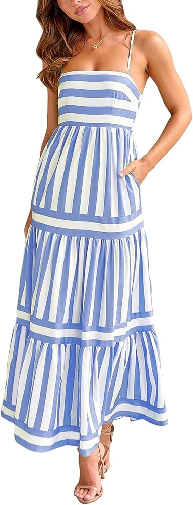 KMBANGI Women Striped Sleeveless Maxi Dress Swing Aline Midi Dress Backless Smocked Spaghetti Str... | Amazon (US)