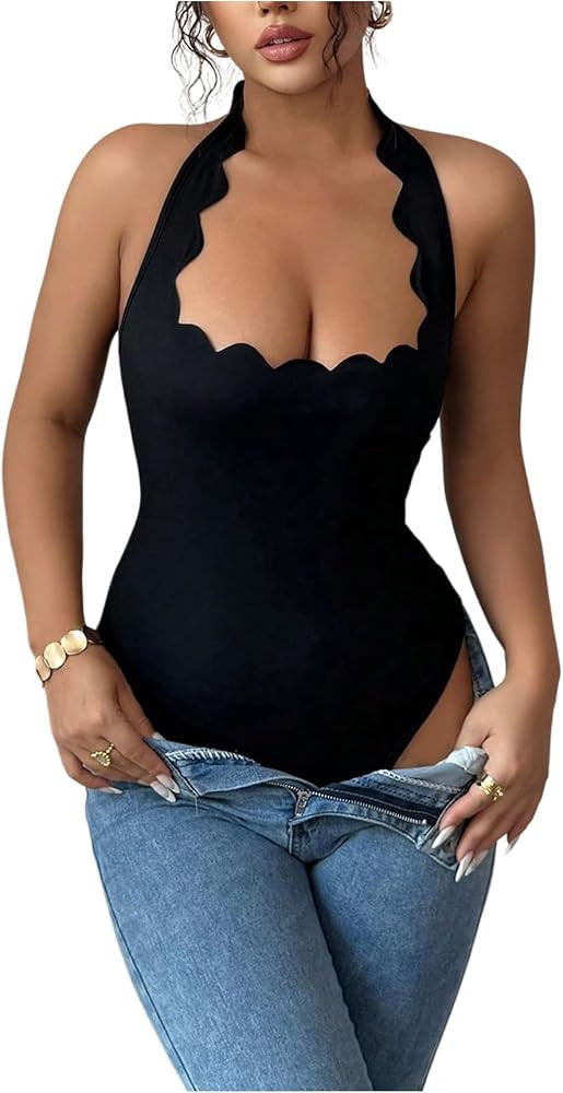 Milumia Women's Y2k Sleeveless Halter V Neck Backless Leotard Bodysuit Tops | Amazon (US)