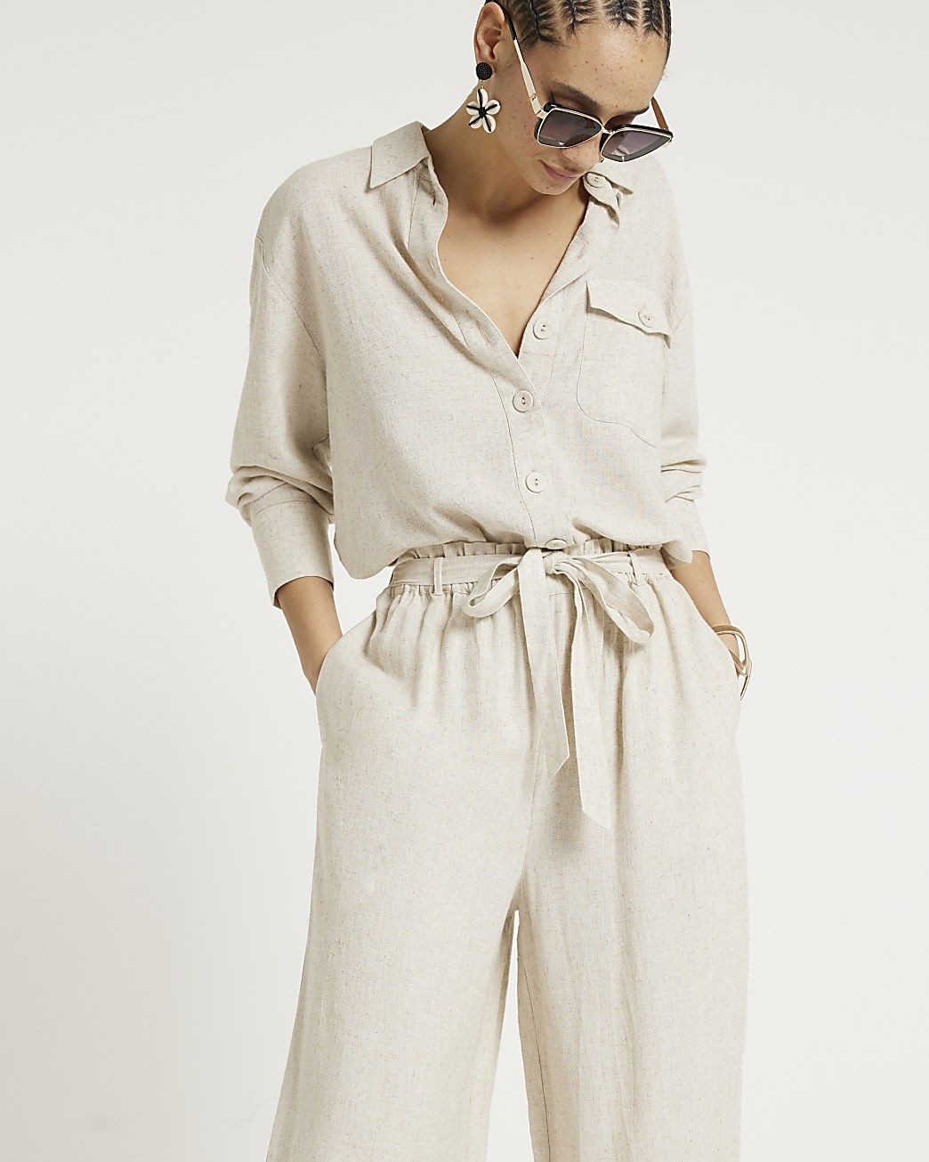 Stone linen blend belted wide leg trousers | River Island (UK & IE)