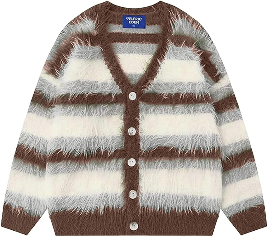 Aelfric Eden Color Blocking Striped Fuzzy Cardigan Crewneck Vintage Oversized Button Down Knit Ca... | Amazon (US)
