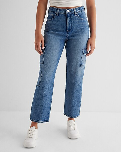 High Waisted Medium Wash Straight Ankle Cargo Jeans | Express