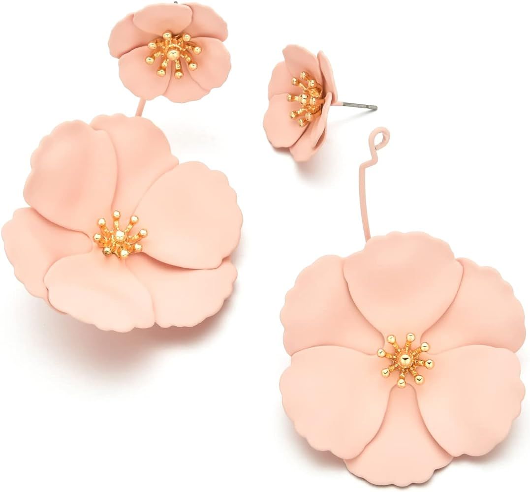 Metal Poppy Flower Dangle Earring- Matte Painted Dual Flower Floral Petal Tiered Drop for Women | Amazon (US)