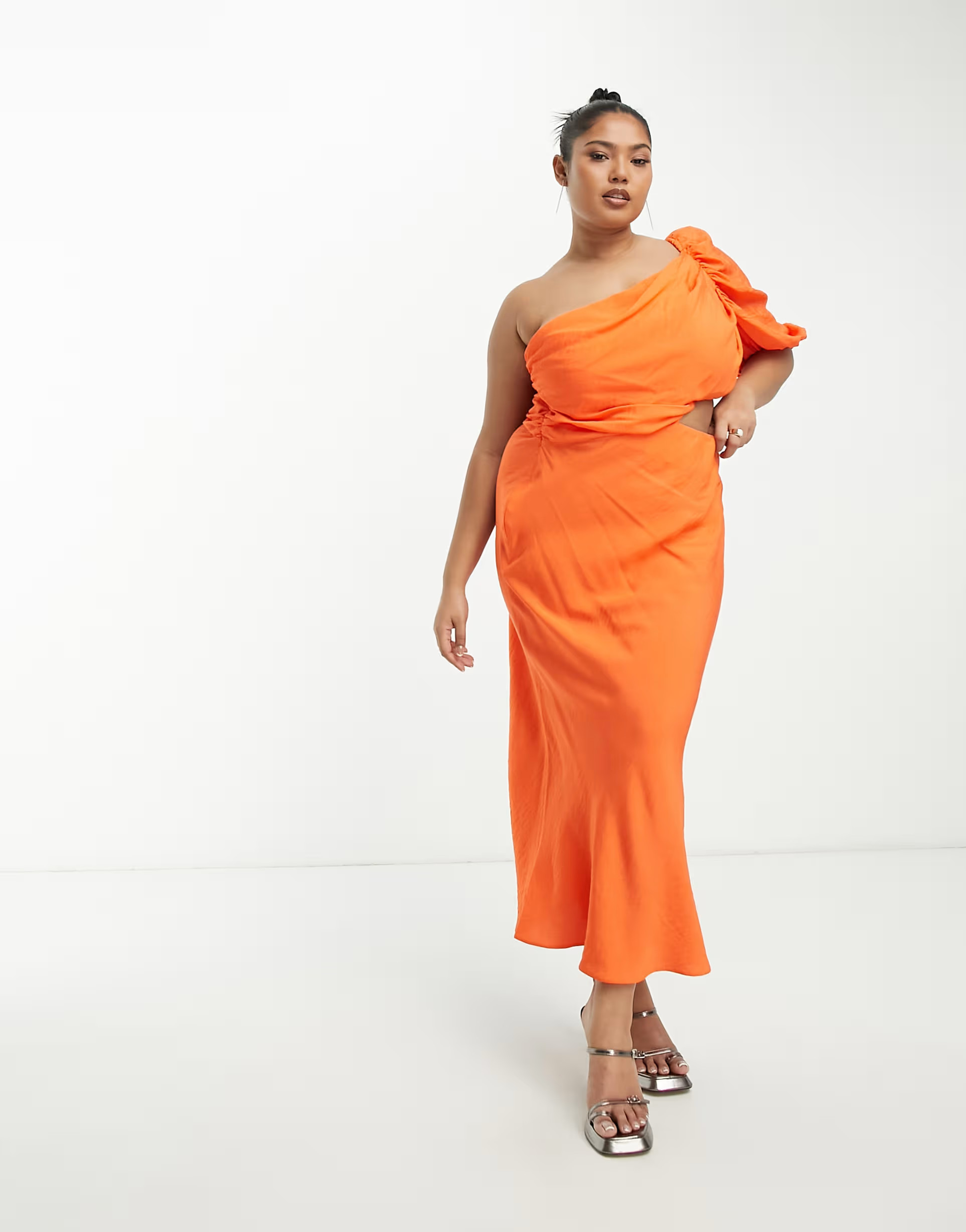 ASOS DESIGN Curve washed one shoulder maxi dress with cut out side waist detail in orange | ASOS (Global)