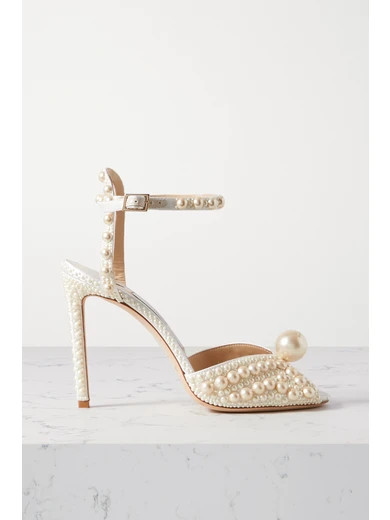Jimmy Choo - Sacora 100 Faux Pearl-embellished Satin Sandals - White | NET-A-PORTER (US)