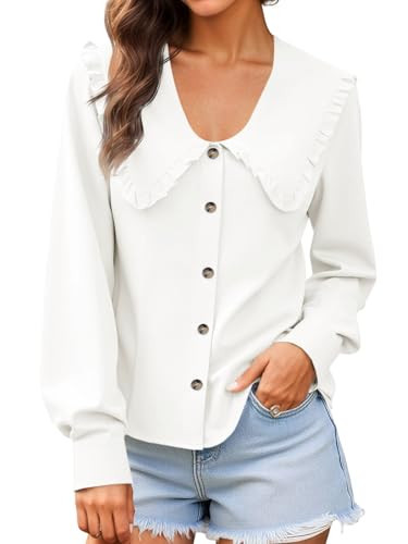 Cicy Bell Womens Peter Pan Collar Shirts Summer Button Down Long Sleeve Tops Dressy Casual Cute Blouses White | Amazon (US)