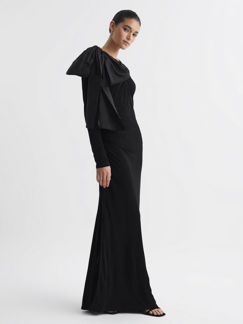 Reiss Black Savannah Bodycon Bow Maxi Dress | Reiss UK