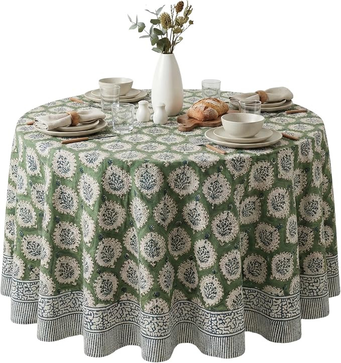 ATOSII Cotton Blockprint Round Tablecloth, Kari Green, 90 Inches | 100% cotton washable table clo... | Amazon (US)