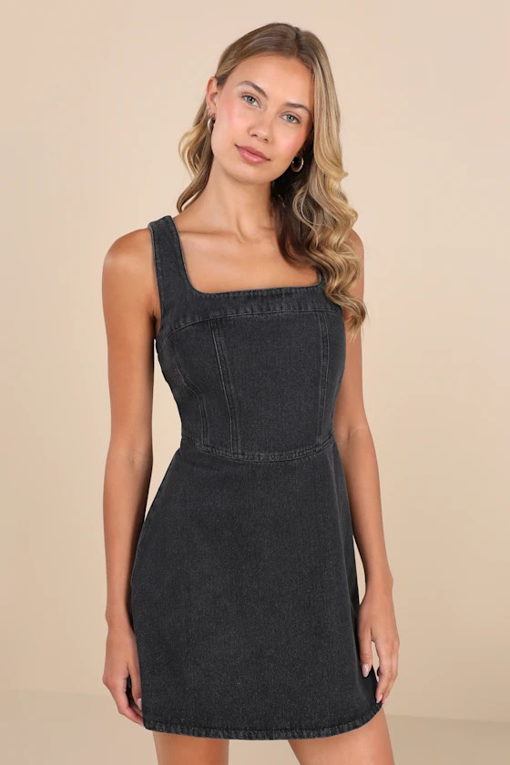So Delighted Washed Black Denim Corset Seam Mini Dress | Lulus