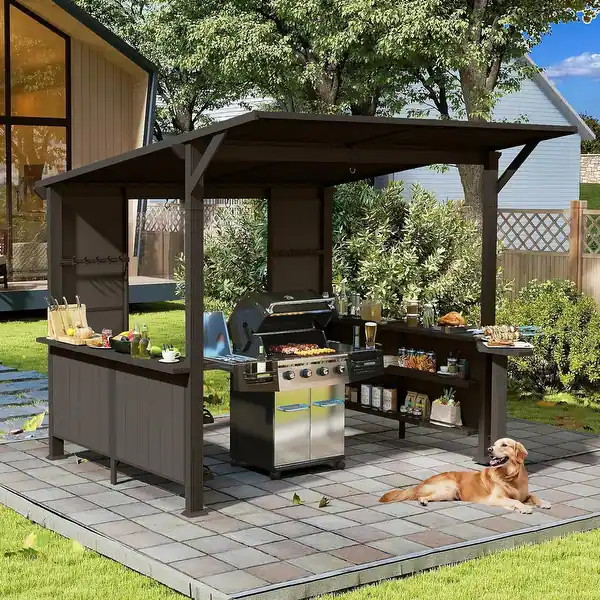 9X10FT Steel Hardtop Grill Gazebo Outdoor BBQ Gazebo with Storage Shelves and Expansion Platform ... | Bed Bath & Beyond