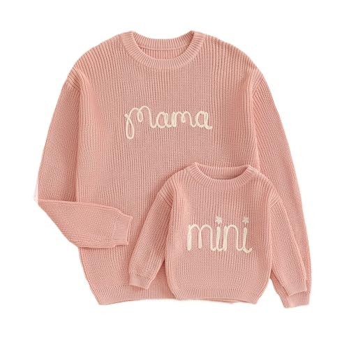 Mommy and Me Outfits Mama and Mini Long Sleeve Knit Sweater Pullover Mother Baby Daughter Matching Outfit Light Pink | Amazon (US)