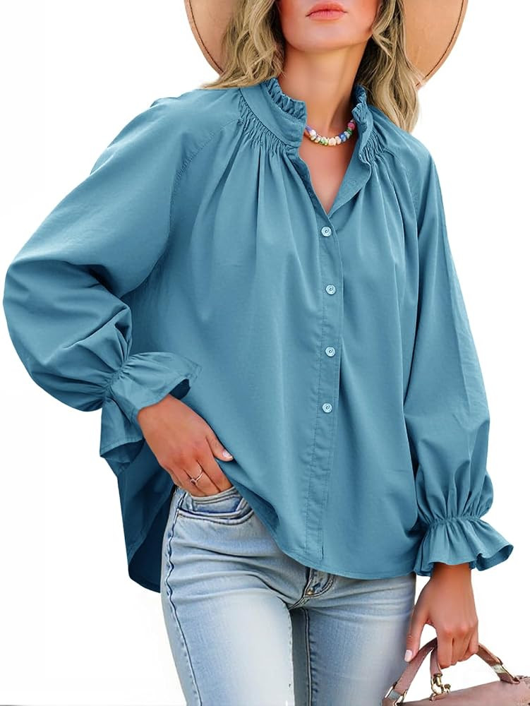 Tankaneo Womens Puff Long Sleeve Button Down Shirts Pleated V Neck Cotton Blouses Loose Fit Casua... | Amazon (US)