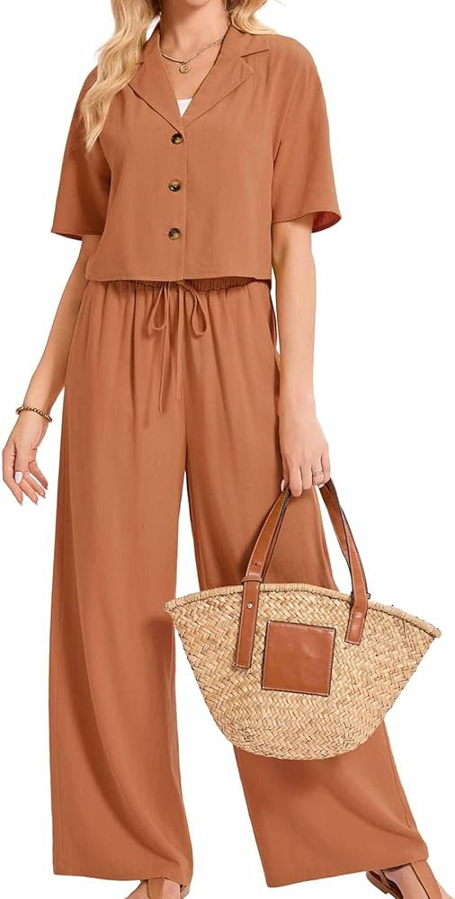 Women's Linen Business Casual 2 Piece Sets Outfits Summer Short Sleeve Button Down Shirt and Wide... | Amazon (US)