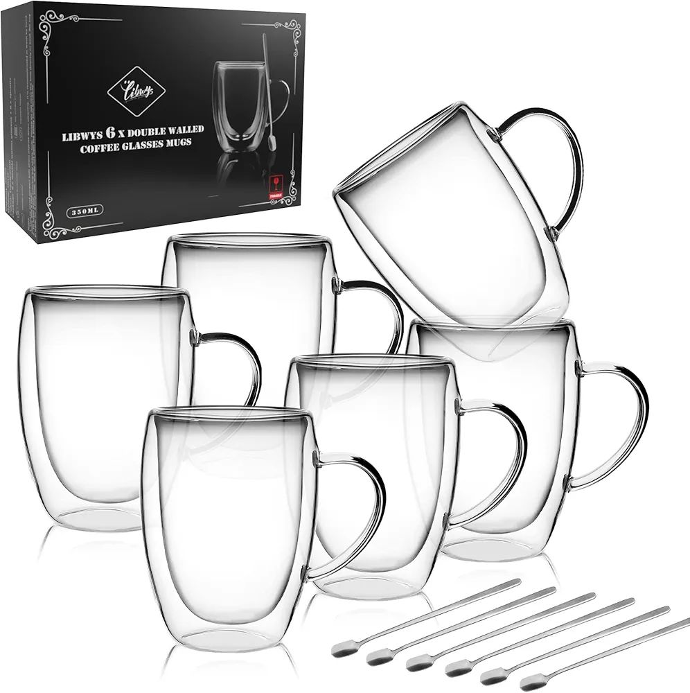LIBWYS 6 Pack Double Walled Coffee Cups Glasses Mugs, 12oz Espresso Cappuccino Latte Tea Cups wit... | Amazon (US)