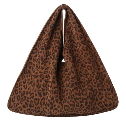 Suede Bag for Women,Slouchy Suedette Hobo Bags,Trendy Retro Handbag,Triangle Mini Cute Purse,Travel Working Shopping (Coffee leopard print) | Amazon (US)