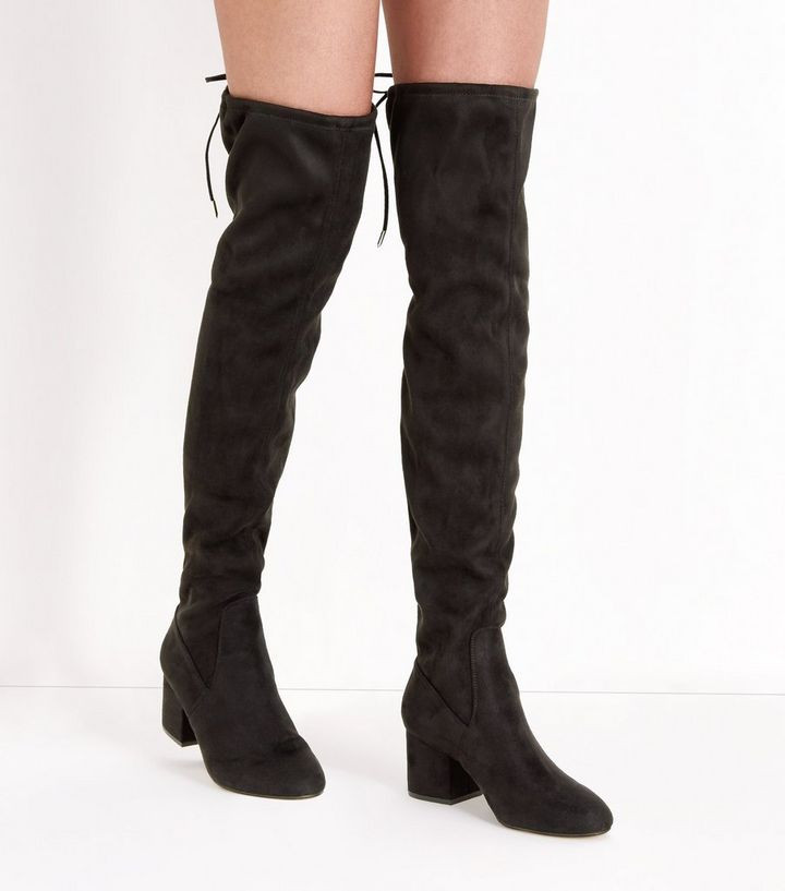 Black Suedette Mid Heel Over the Knee Boots | New Look (UK)