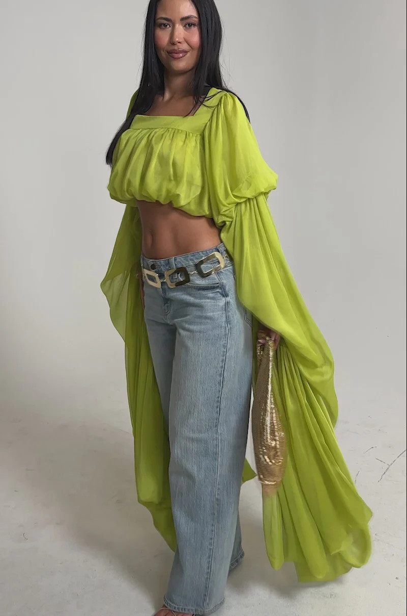 SLOUCHY SQUARE NECK LONG SLEEVE BLOUSE TOP IN CHARTREUSE | AKIRA