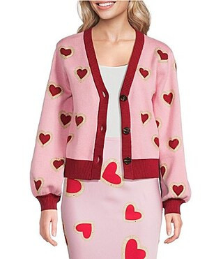 Never Fully Dressed Pink Hearts V-Neck Long Sleeve Cardigan - L | Dillard's