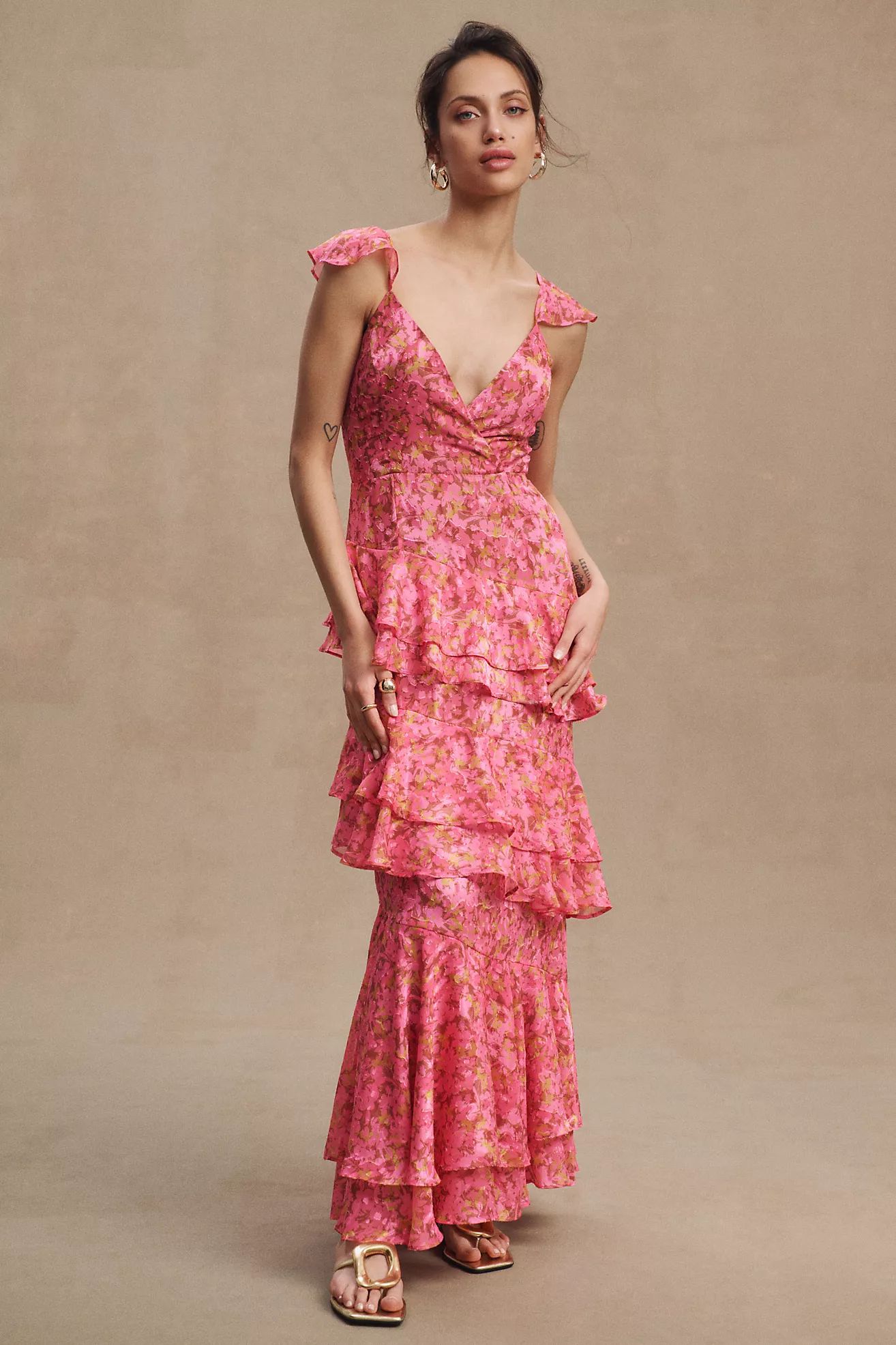 Hutch Miah Tiered V-Neck Flutter-Sleeve Gown | Anthropologie (US)