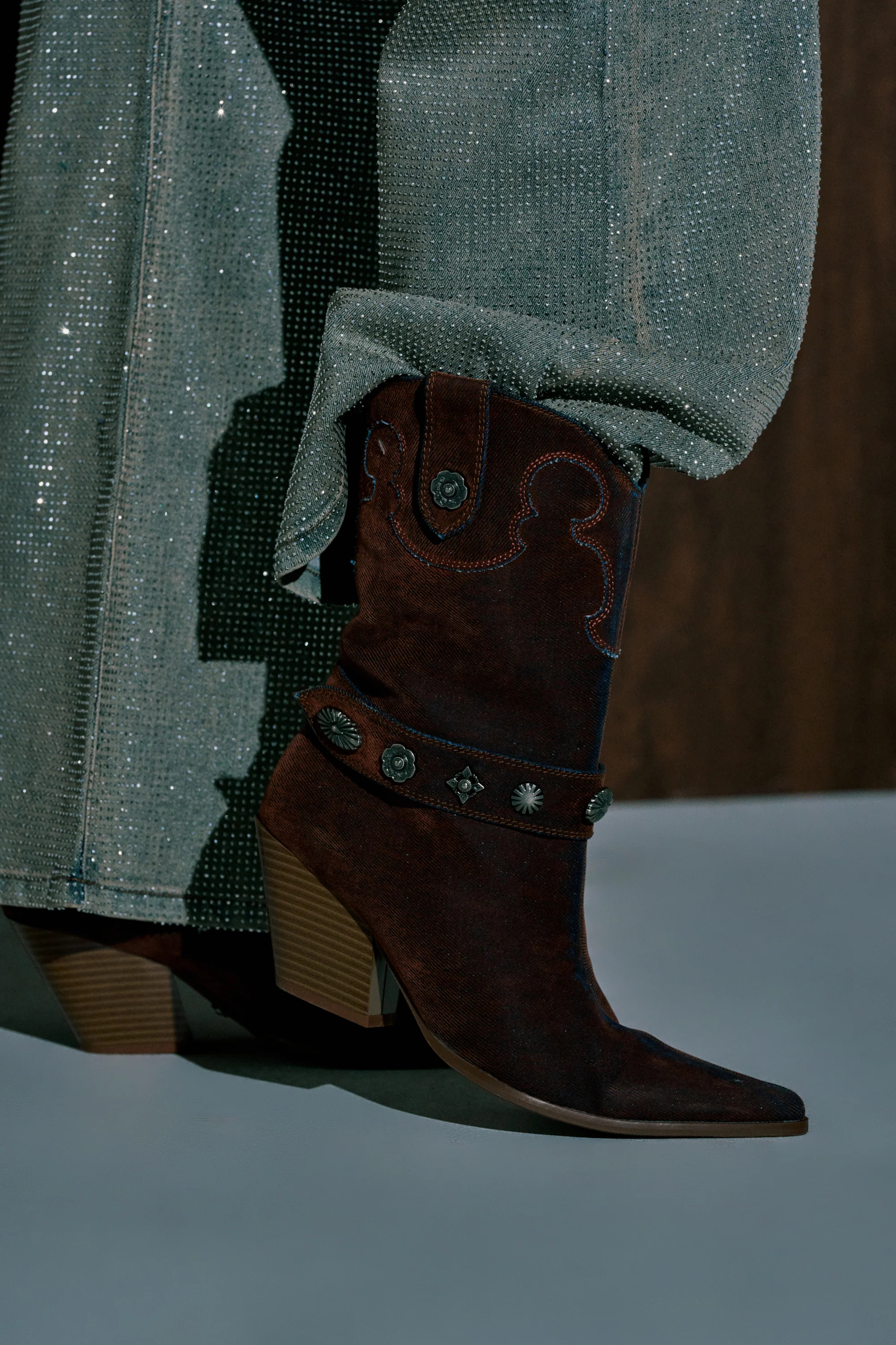 AZALEA WANG NEITH BURNT ORANGE DENIM WESTERN BOOTIE | AKIRA