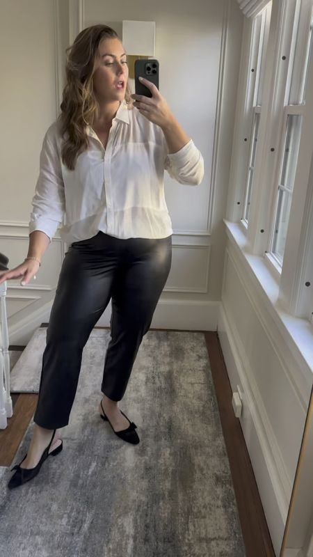 Leather-like slim straight pants from Spanx, get 20% off sitewide during their biggest sale of the year! Wearing size 1X in pants and XL in top. 

#LTKCyberWeek #LTKGiftGuide #LTKsalealert