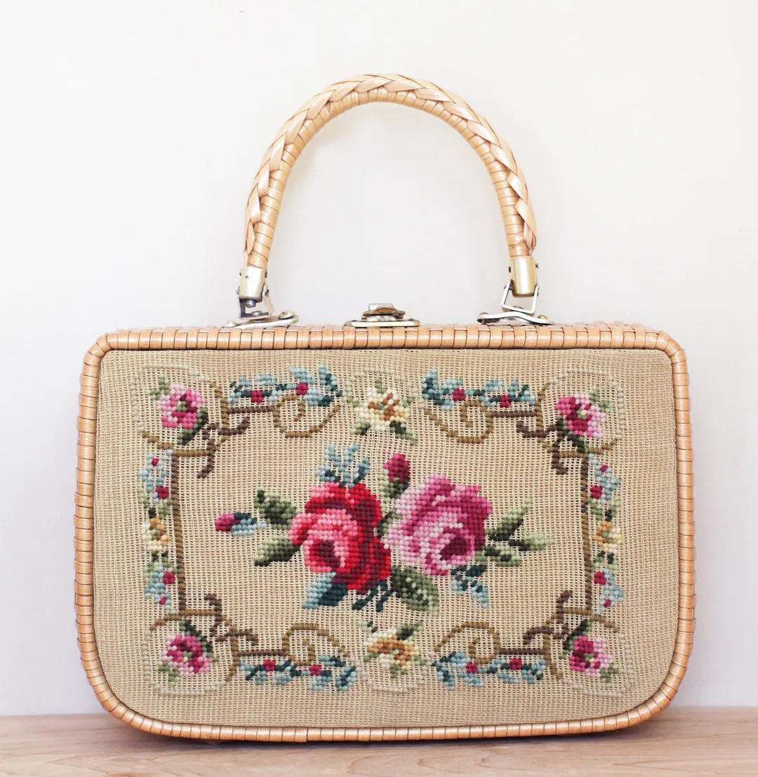 Needlepoint Wicker Handbag Circa 1960s/ Pretty Floral Rose Designed Woven Basket Style Purse Made... | Etsy (US)