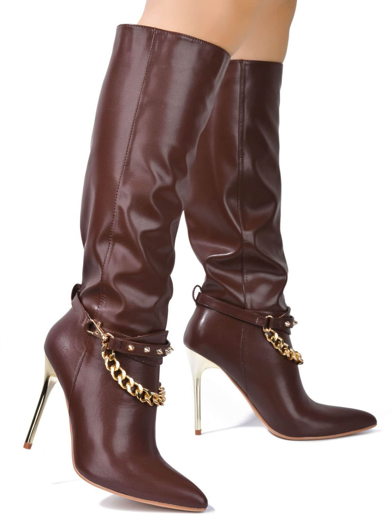 Esa Spike Chain Pointy Toe Knee High Boots | SHEIN