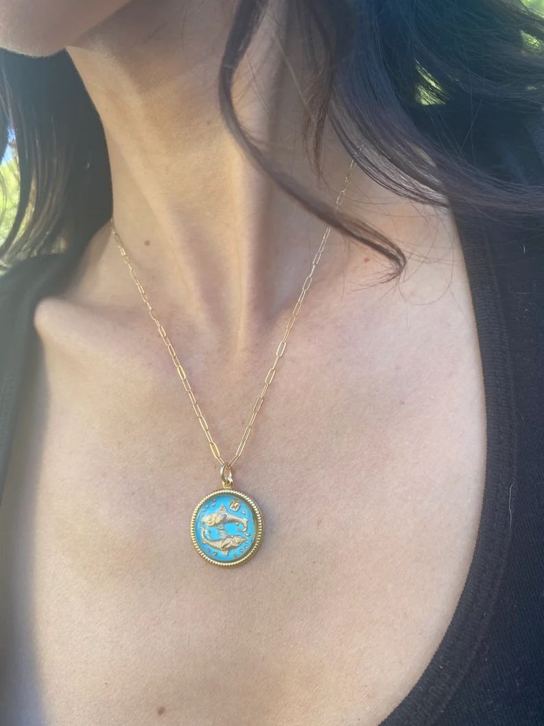 vintage pisces charm boho horoscope glass pisces   gold pisces medallion  zodiac necklace 1970's ... | Etsy (US)