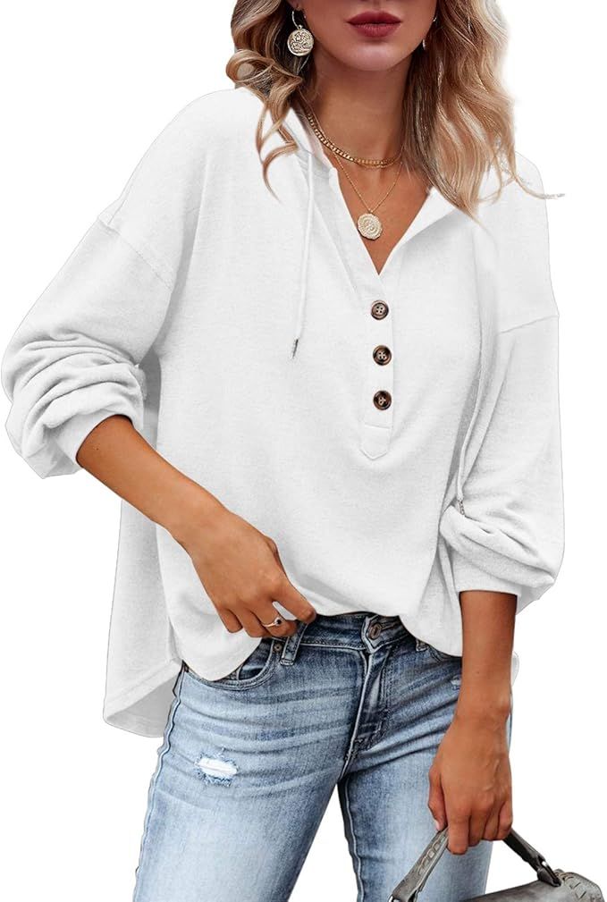Tutorutor Womens Sexy V Neck Button Down Henley Shirts Oversized Long Sleeve Sweatshirt Hoodie Sp... | Amazon (US)