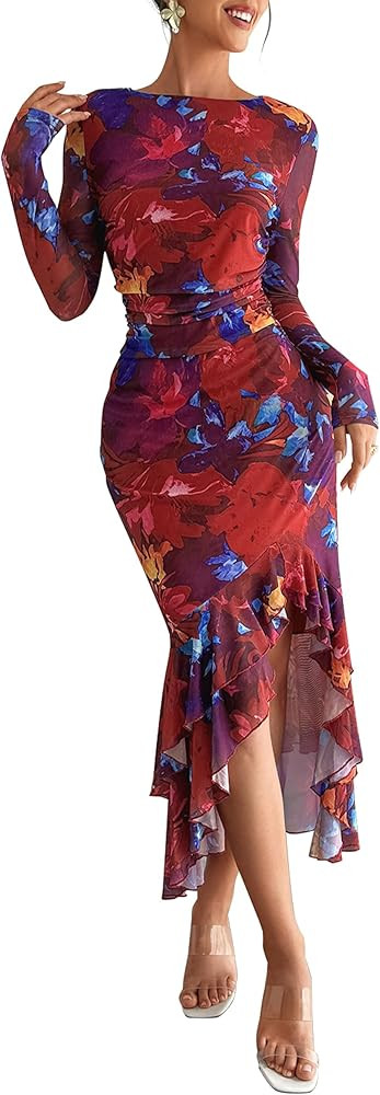 ECOWISH Women's Ruched Bodycon Maxi Dress 2025 Long Sleeve Ruffle Hem Mermaid Dress Formal Cockta... | Amazon (US)