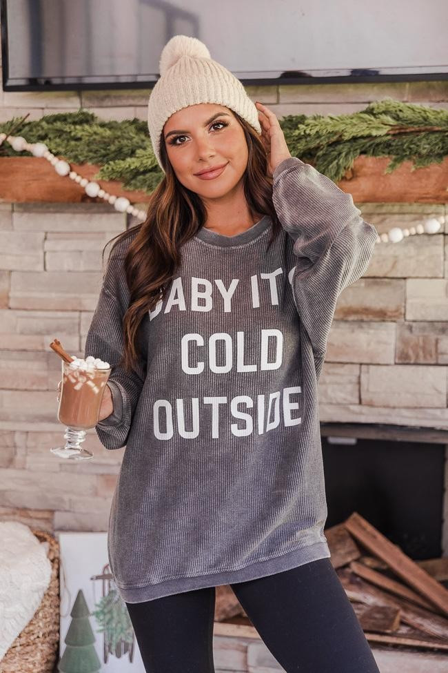 Baby It's Cold Outside Block Charcoal Corded Graphic Sweatshirt | The Pink Lily Boutique