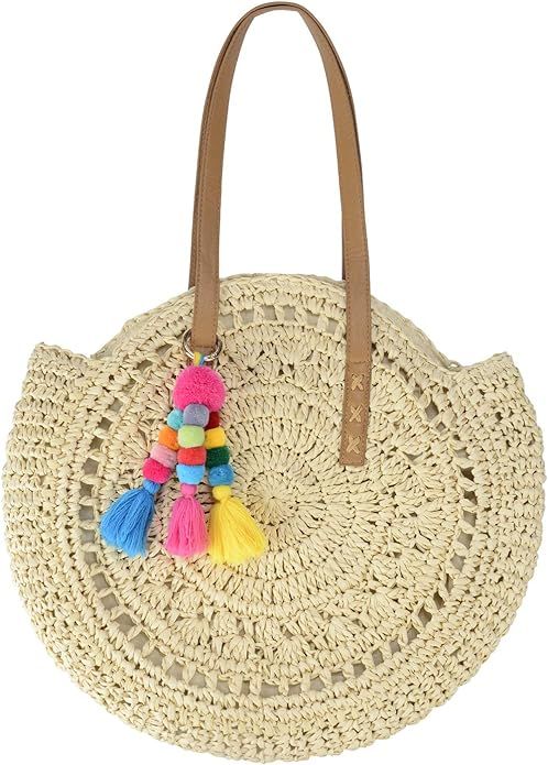 Beach Bag Straw Handbags for Women Natural Chic Large Round Bohemian Shoulder Hand Bag Wallet Pur... | Amazon (US)