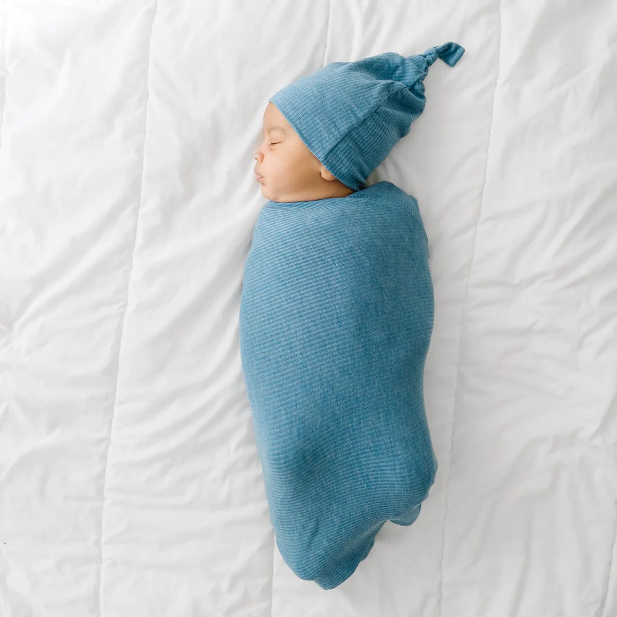 Heather Blue Ribbed Swaddle & Hat Set | Little Sleepies