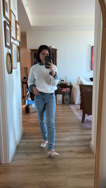 Sweater xs
Shirt xs
Jeans 23 (I’m 5’1”)

Casual outfit, wear to work, denim shirt, collared shirt, sweater layered, white sweater, Levi jeans, jeans under $100, ballet flat, sheer flats, white shoes, dolce vita, 525 America, Ralph Lauren 

#LTKstyletip #LTKfindsunder100 #LTKVideo