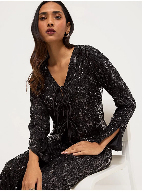Black Sequin Long Sleeves Tie Front Top | George