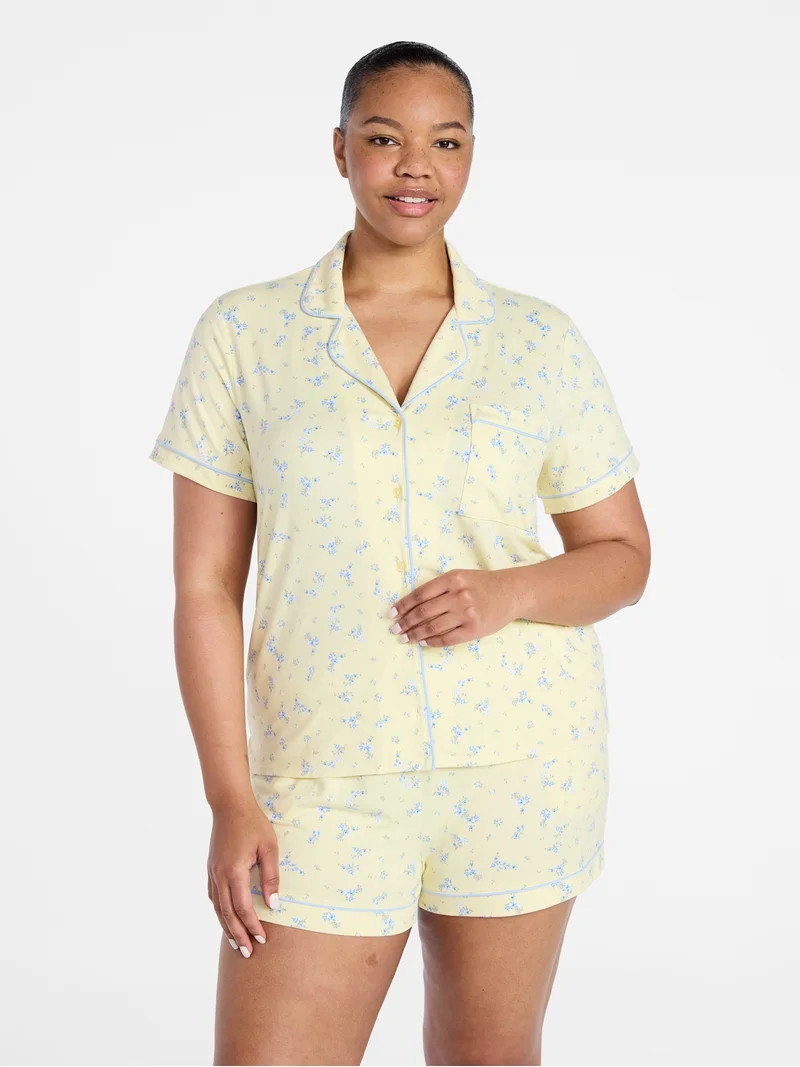 Joyspun Women's Dreamy Soft Collection Notch Collar Top and Shorts Pajama Set, 2-Piece, Sizes XS-... | Walmart (US)