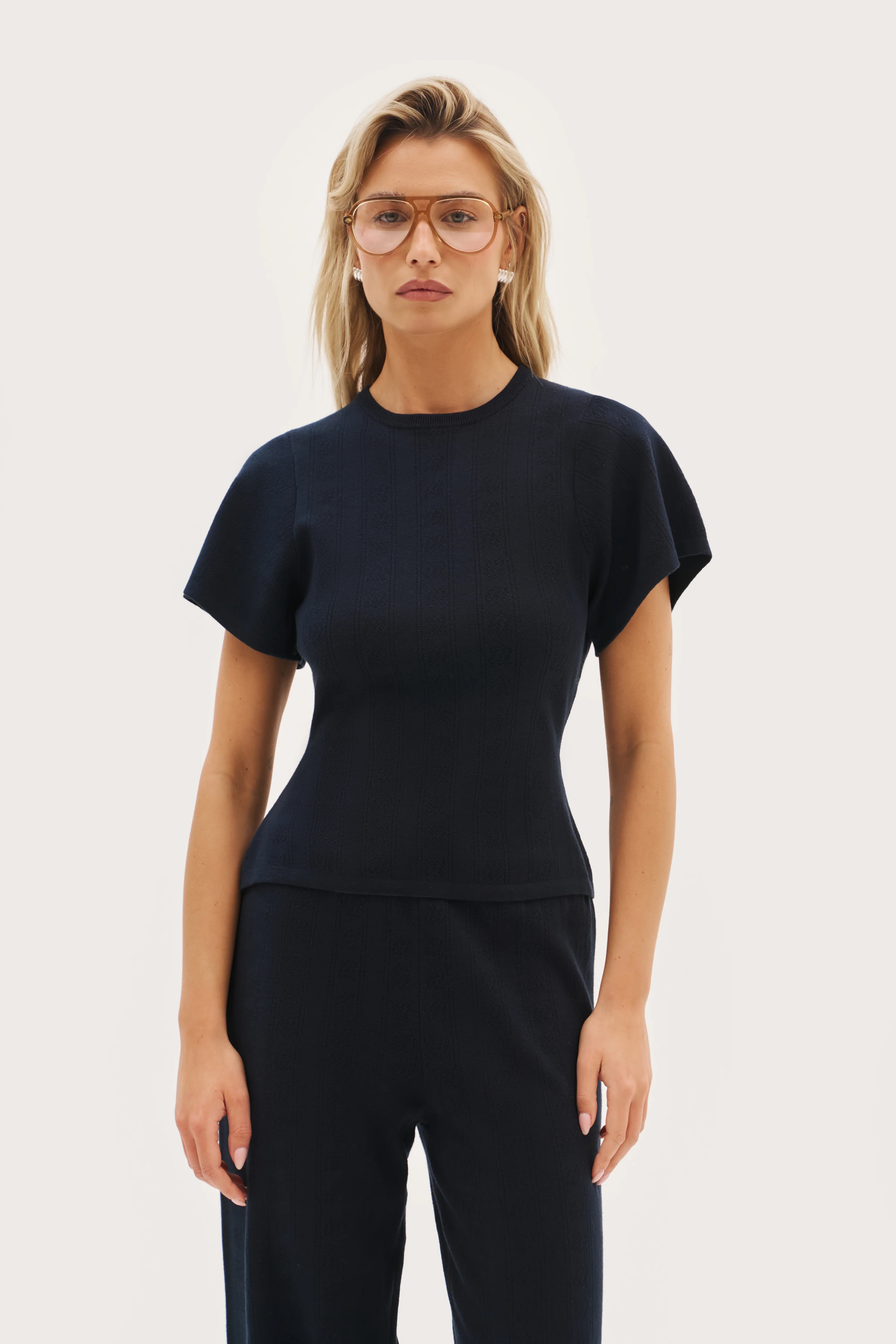 Maebe Pointelle Knit Tee - Navy | Maebe UK