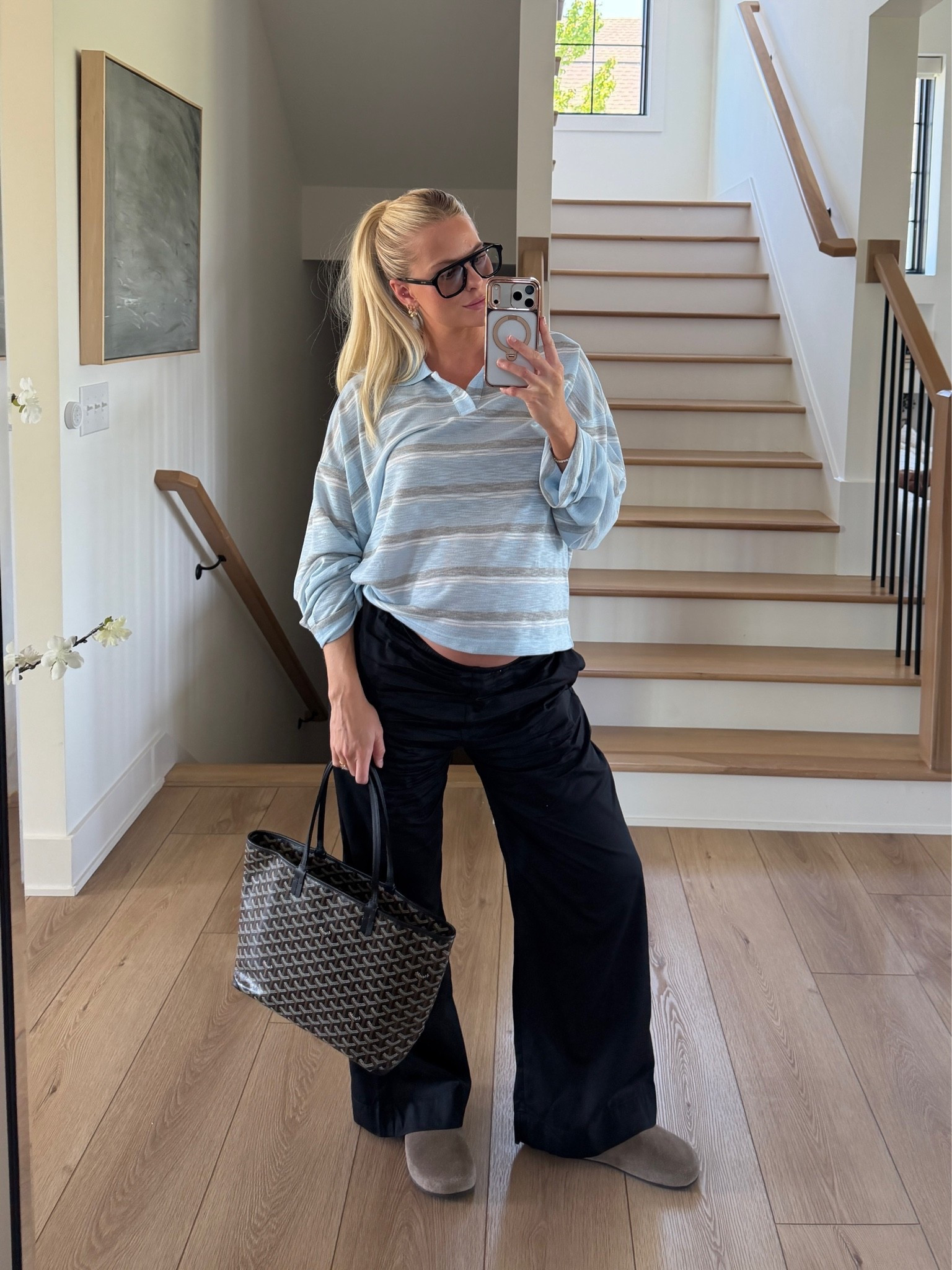 SIZE: Med in top & pants (sized up for pregnancy), shoes run tts, code Kathleen20 for discount in earrings! #kathleenpost

Spring transition outfit, spring outfit 2026, bump friendly, maternity look, errands outfit, coffee run, school drop off, school pick up

#LTKootd #LTKSeasonal