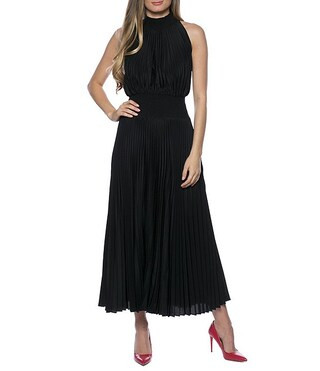 Sleeveless Halter Mock Neck Smocked Pleated Crepe Chiffon A-Line Midi Dress | Dillard's